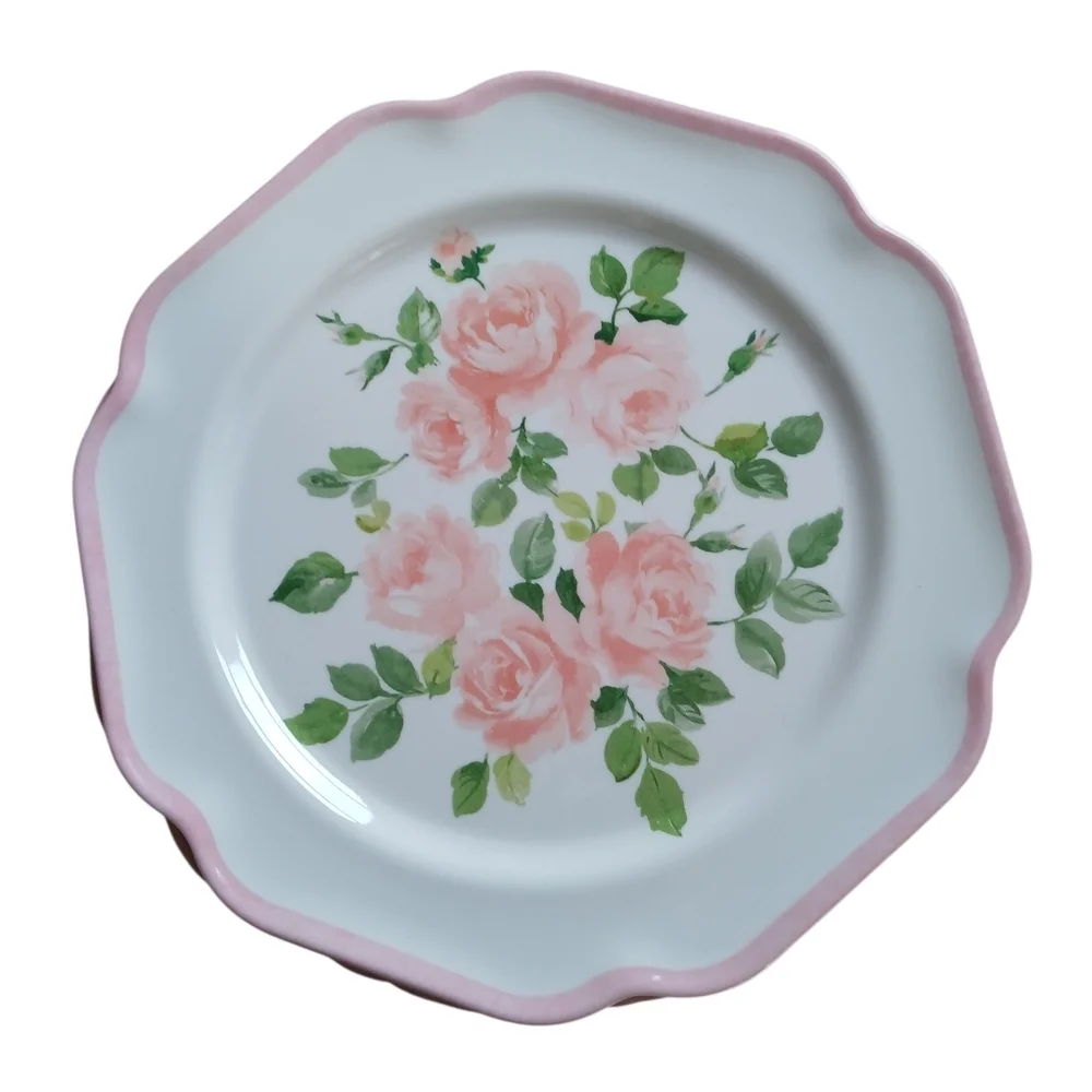 Set of 2 Laura Ashley Soft Pink Rose Melamine Salad Plate Scalloped Rim 9